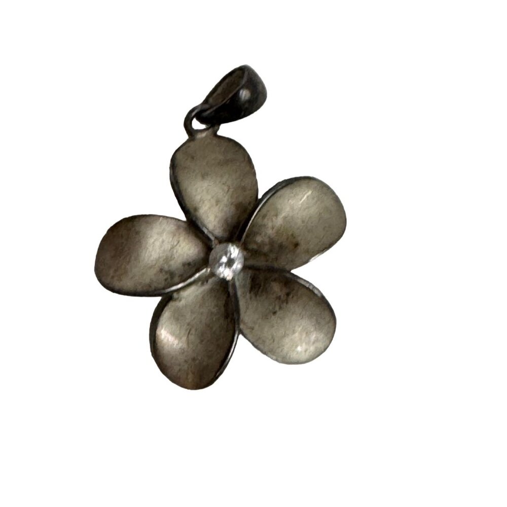 Vintage 925 Sterling Silver Floral Pendant With Rhinestone Accent 1.2" 6g